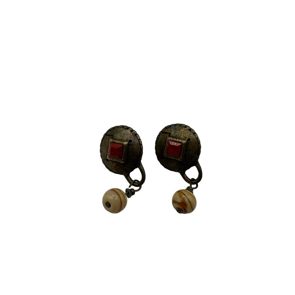 Tribal Design Hammered Disc with Drop Bead Pierced Earring Set
